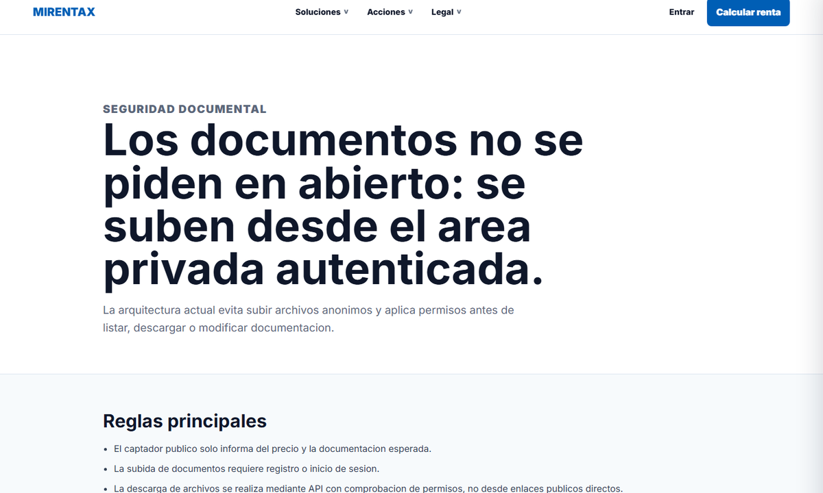 Vista de seguridad documental de MiRentax sin datos personales